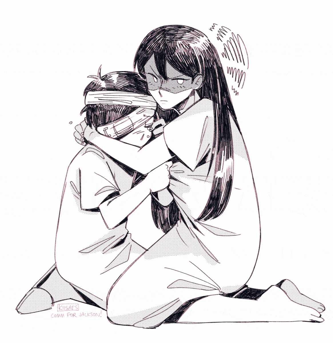 jackson commission a two-frame animation of sunny and mari from "omori" embracing. both are kneeling as sunny cries and mari holds him, glaring protectively at the viewer.