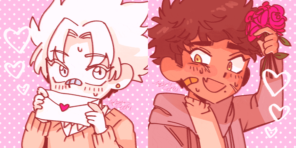 confession a squiggly gif of my ocs polaris and tiger. polaris holds a love letter to his mouth while tiger holds roses to his head. the background is white polka-dots over pink and there are hearts floating around.