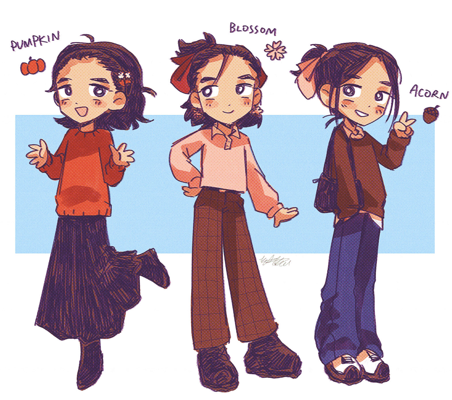 autumn ootds a squiggly gif of some of my autumn outfit of the days. i am wearing a red sweater and a long black skirt in the first outfit, a cropped pink collared shirt and plaid brown pants in the second outfit, and a layered brown sweater over a white collared shirt