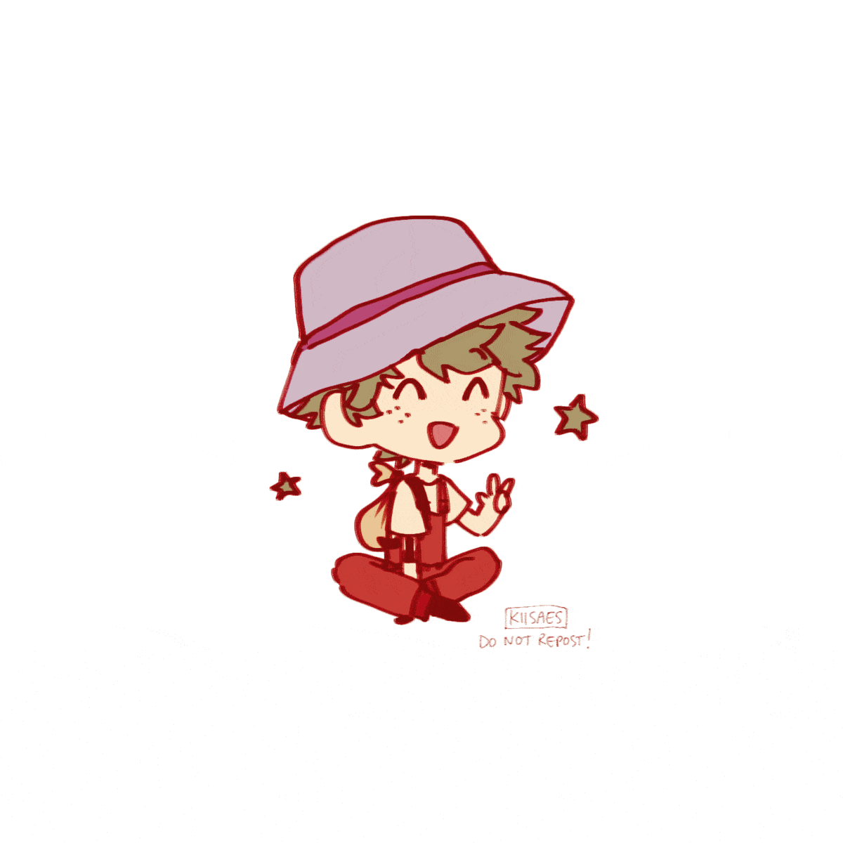 a squiggly gif of deku dressed in his "world heroes mission" overall outfit. he is giving a peace sign and two stars float near him.