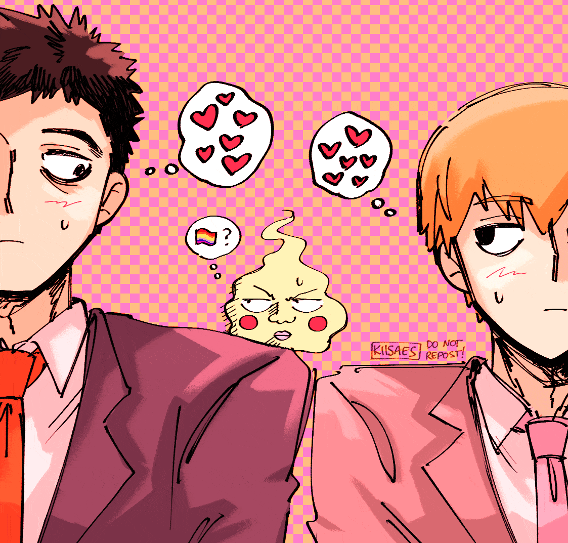 a squiggly gif of serizawa, reigen and dimple from "mob psycho 100". serizawa and reigen look at each other with floating heart thought bubbles. dimple glances between the two with a thought bubble depicting the gay pride flag and a question mark.