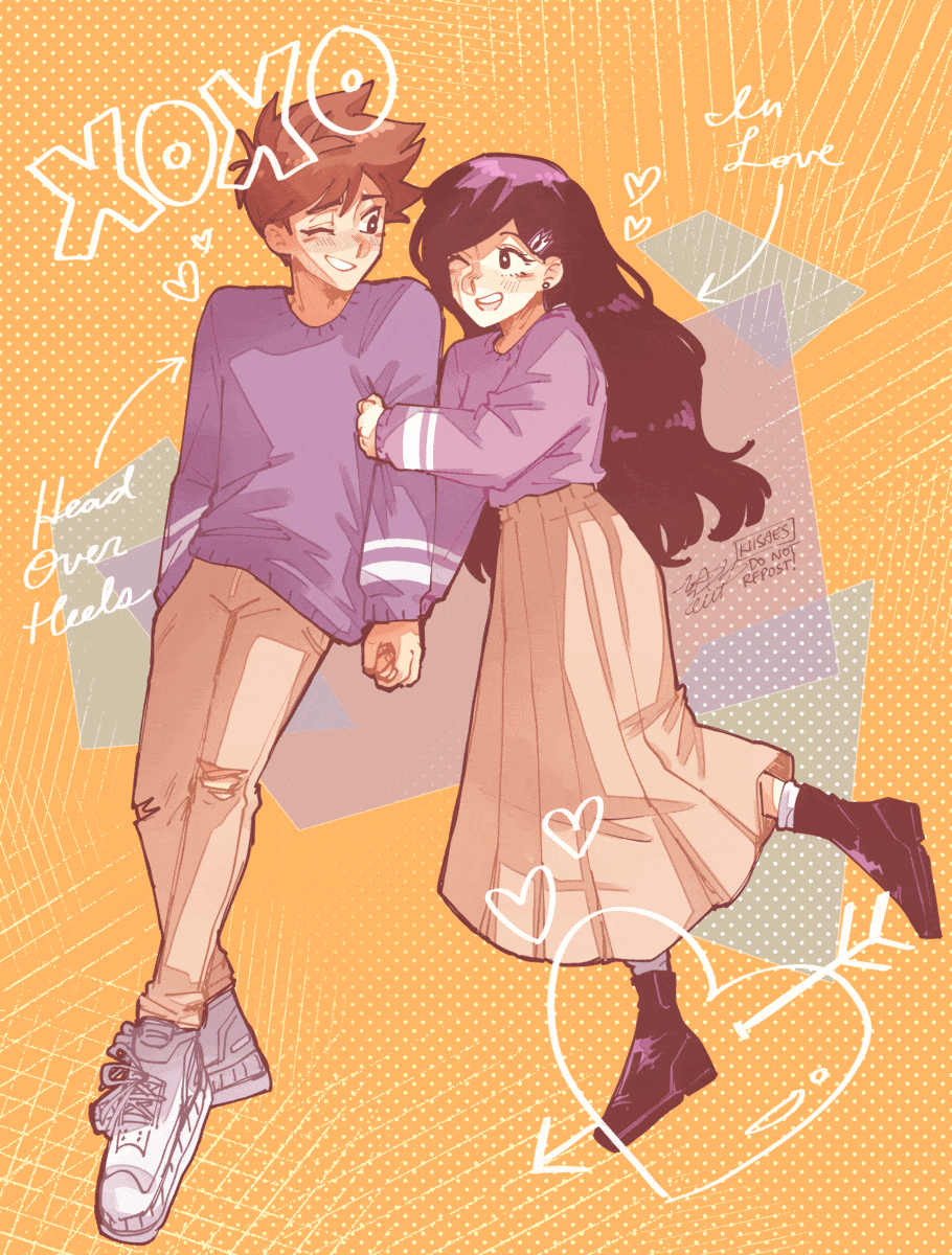 a squiggly gif of hero and mari from "omori". they are wearing matching sweaters, with mari holding onto hero's arm. the text reads "XOXO", "in love" (with an arrow pointing to mari), and "head over heels" (with an arrow pointing to hero". hearts float aro