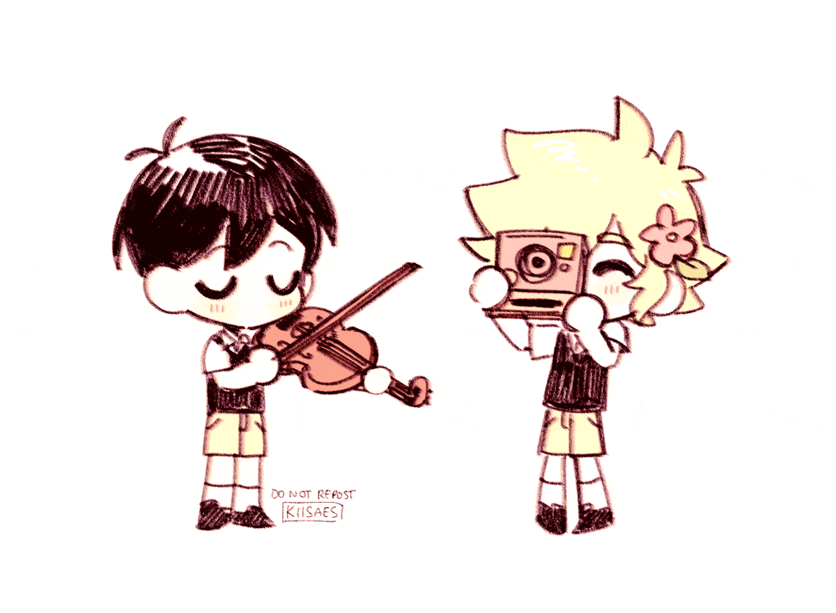a GIF of sunny and basil from the game "omori". sunny is playing the violin while basil uses his camera.