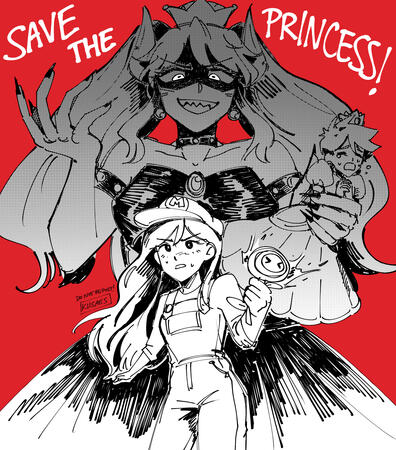 art of mari, hero and sweetheart from "omori" playing mario, peach and bowsette respectively. mari holds a fire flower in her hand as sweetheart clutches hero in hers. the words "SAVE THE PRINCESS!" sprawl on the top.