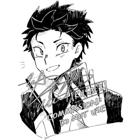 subaru from "re:zero" smiling at the viewer and waving.