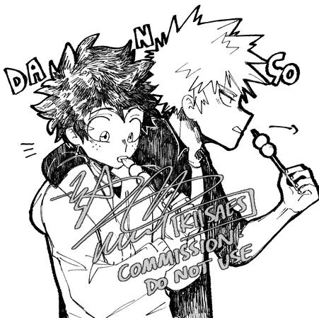 line art drawing of bakudeku from "my hero academia" eating dangos (japanese treat) together.