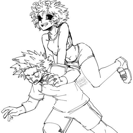 a redraw of one of horikoshi's kirimina ("my hero academia") drawings. mina launches over kirishima by placing her hands on his back, kirishima stumbling forward.