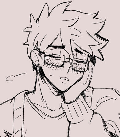 a line art head shot of hero from "omori", cupping his cheek in his hand and letting out a sigh.