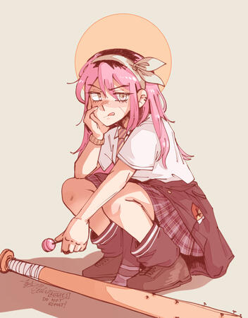 aubrey art of aubrey from "omori" in my au, posed in an asian squat with a lollipop in her hand and her bat next to her.