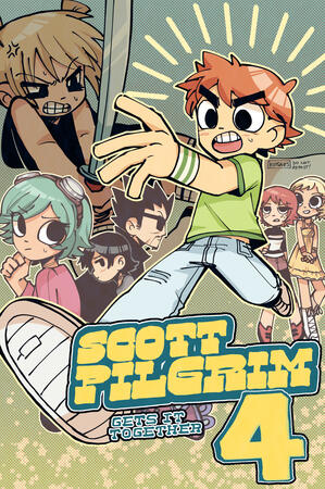 scott pilgrim cover a re-envisioned art piece based on scott pilgrim's 4th volume cover. scott is running at the screen as the rest of the characters gather behind him.