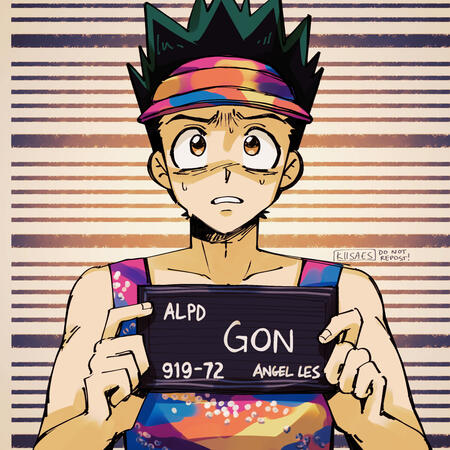 redraw of the iconic barbie mugshot meme with gon from "hunter x hunter 2011" as barbie.