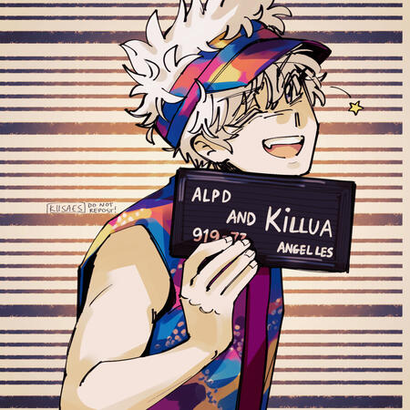 redraw of the iconic barbie mugshot meme with killua from "hunter x hunter 2011" as ken.