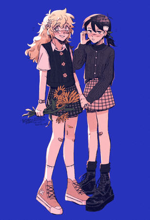 basil and sunny from "omori" genderbent. basil holds a batch of sunflowers in her hand, the other holding sunny's hand.