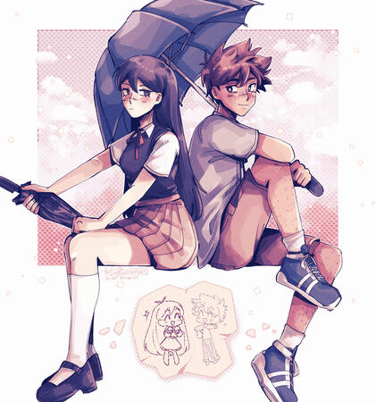 art of mari and hero from "omori" in zipsunz's "little mari" au. mari sits elegantly with a closed umbrella in hand, while hero sits next to her with a leg up and an open umbrella in his hand. a small scribble of them in headspace resides underneath.