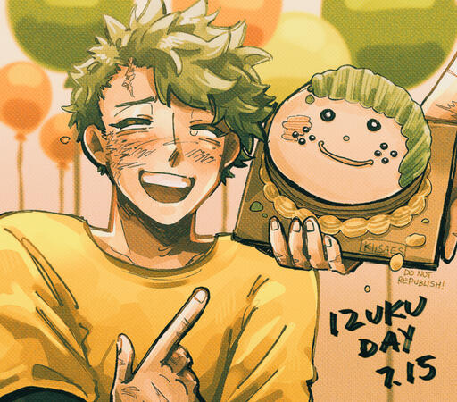 izuku day illustration of deku from "my hero academia" on his birthday. he's laughing at a poorly decorated cake designed to look like his face.