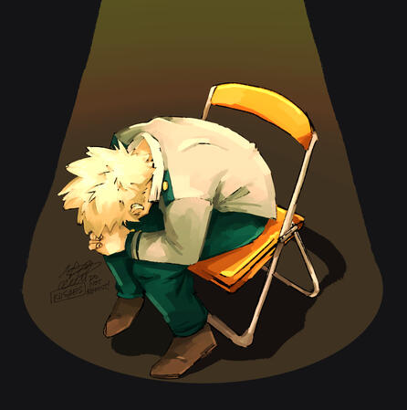 a redraw of the iconic shinji chair meme, except with bakugou from "my hero academia".