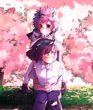art of kirishima and ashido from "my hero academia" as middle schoolers. kirishima sits on a grassy ledge as ashido stands above him and leans on his head. cherry blossom trees populate the backdrop.