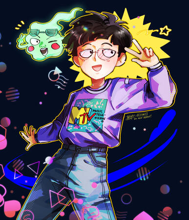 art of mob and dimple from "mob psycho 100" in 80s-inspired fashion and aesthetic.
