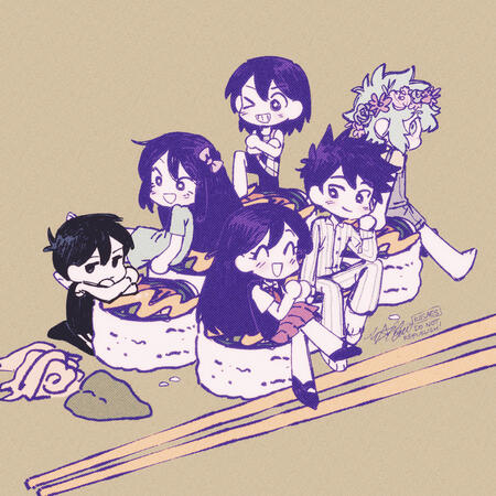 sushi set chibi art of the "omori" main characters on sushi, each character with their own specific sushi piece. a pair of chopsticks rests beside the sushi along with wasabi and pickled ginger.