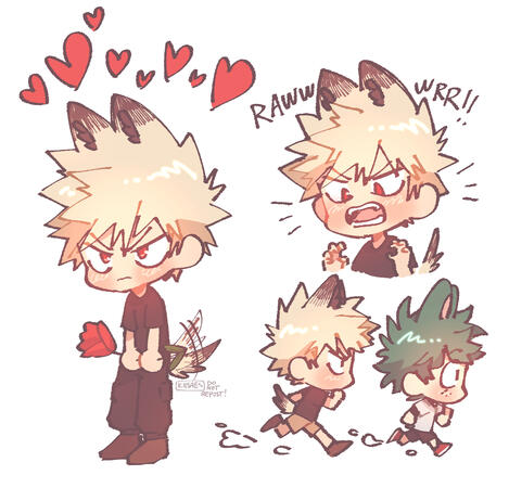 a chibi commission page of bakugou from "my hero academia" as a wolf hybrid. in one pose he holds a rose with his tail wagging, another with him roaring, and the last one with him chasing deku.