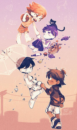 LM AU sunkel art of zipsunz's "little mari" omori au with dreamworld and realworld sunkel. the four are positioned as if they are falling, with rw kel as the only one standing on the ground. the two pairs are holding hands. dw sunny's picnic basket drastically transiti
