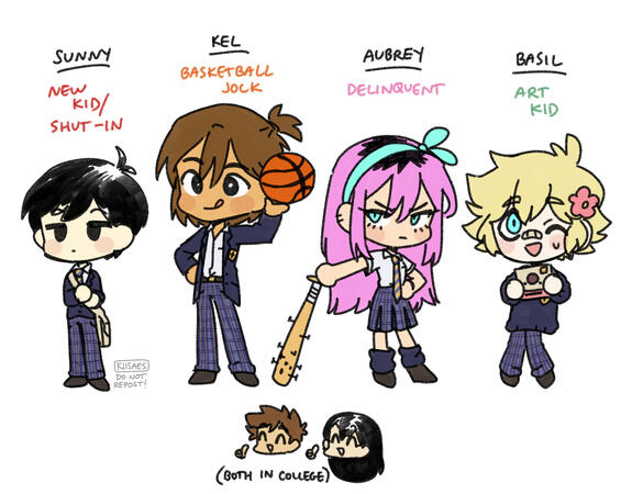 references sunny, kel, aubrey and basil from "omori" in my au.