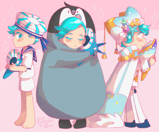 peppermint cookie chibi art of peppermint cookie from "cookie run: ovenbreak", holding their shell in their multiple costumes. on the left they wear their standard clothes; in the middle they wear a penguin suit, and on the right they wear a regal outfit.