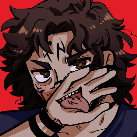 icon of the commissioner in sukuna face markings. a hand is held over his face with a tongue sticking out.