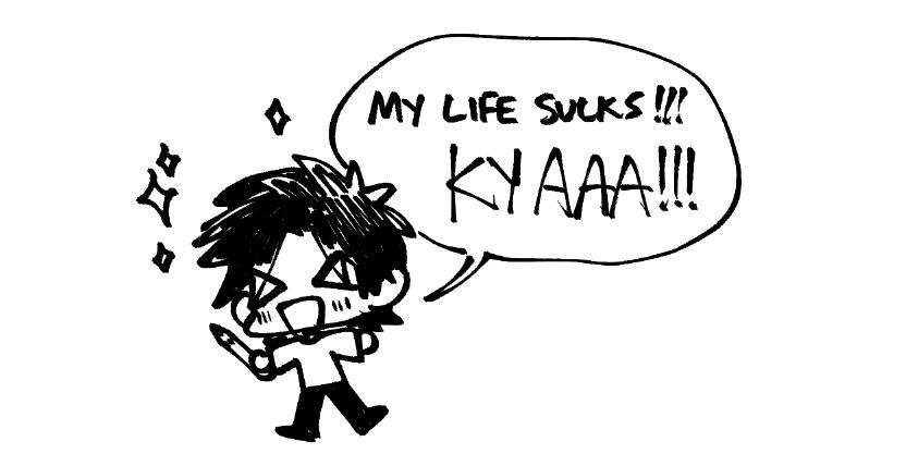 a shoddy doodle of the artist saying "my life sucks!!! KYAAA!!!". sparkles float above their head as they hold a pencil.